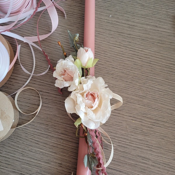 Λαμπάδα dusty pink 39 cm με υφασμάτινα λουλούδια - κορίτσι, λουλούδια, λαμπάδες - 2