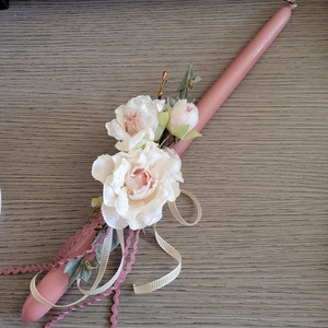 Λαμπάδα dusty pink 39 cm με υφασμάτινα λουλούδια - κορίτσι, λουλούδια, λαμπάδες - 4