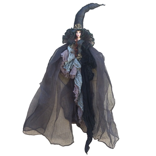 Διακοσμητική Κούκλα " Μαύρη-γκρι Μάγισσα με δαντέλα" ύψος 90 εκ. - διακοσμητικά, διακόσμηση σαλονιού, κούκλες