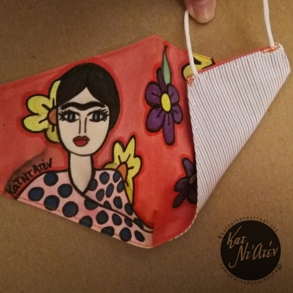 Ζωγραφισμένη γυναικεία βαμβακερή μασκα, χειροποίητη - ύφασμα, ζωγραφισμένα στο χέρι, διπλής όψης, λουλούδια - 2