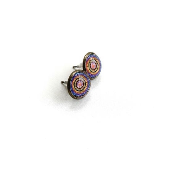 Σκουλαρίκια Μάνταλα - Ορειχάλκινα με στρογγυλό γυαλί πολύχρωμο - γυαλί, ορείχαλκος, καρφωτά, ethnic - 3