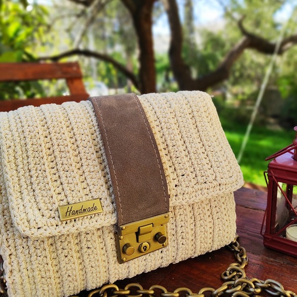 Boho crochet leather bag style handmade - δέρμα, ώμου, χιαστί, all day, πλεκτές τσάντες - 5
