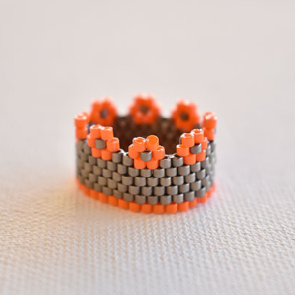 Δαχτυλίδι με χάντρες Miyuji delica σε γκρι και πορτοκαλί χρώμα - δώρο, χάντρες, miyuki delica, σταθερά, μεγάλα - 3