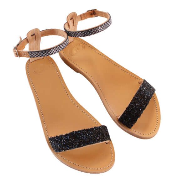 Χειροποίητα γυναικεία σανδάλια με μαύρους λίθους από δέρμα - δέρμα, φλατ, ankle strap