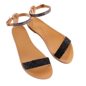 Χειροποίητα γυναικεία σανδάλια με μαύρους λίθους από δέρμα - δέρμα, φλατ, ankle strap