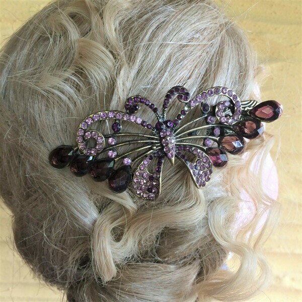 Διακοσμητικό κλιπ μαλλιών με στρας "Πεταλούδα" 2 χρώματα - ύφασμα, hair clips - 3