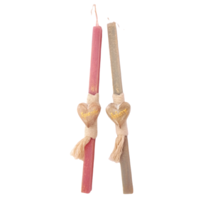 Λαμπάδα σετ 2τμχ με ξύλινες φυσικές καρδιές χριστός ανέστη 30×1,5cm - λαμπάδες, ζευγάρια, πασχαλινά δώρα