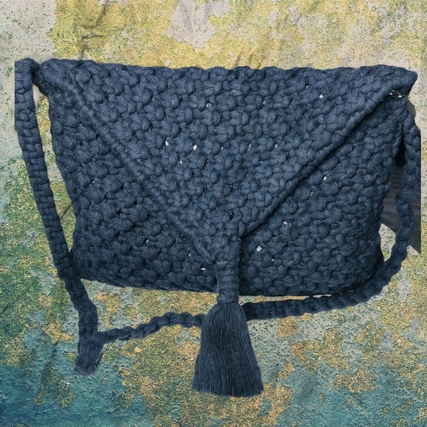 Τσάντα ωμου σκούρο μπλε μακραμε με φούντα - χιαστί, all day, boho, δώρα για γυναίκες - 3