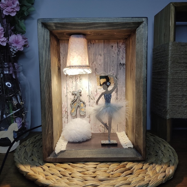 Ξύλινο χειροποίητο διακοσμητικό φωτιστικό λευκή μπαλαρίνα - πορτατίφ, τοίχου, δώρο για βάφτιση - 4