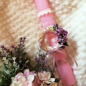 Πασχαλινό Λαμπαδάκι αρωματικό 22εκ με χειροποίητα λουλούδια και μακαρόν από πολυμερικό πηλο - κορίτσι, λαμπάδες, για παιδιά, για ενήλικες, πολυμερικό πηλό - 2