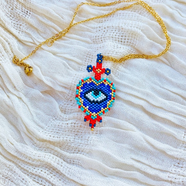 Evil Eye κολιέ σε σχήμα καρδιάς, κεντημένο με γνήσιες χάντρες Miyuki Delica - καρδιά, χάντρες, κοντά, boho, evil eye - 4