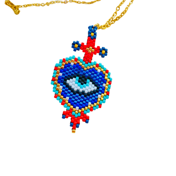 Evil Eye κολιέ σε σχήμα καρδιάς, κεντημένο με γνήσιες χάντρες Miyuki Delica - καρδιά, χάντρες, κοντά, boho, evil eye