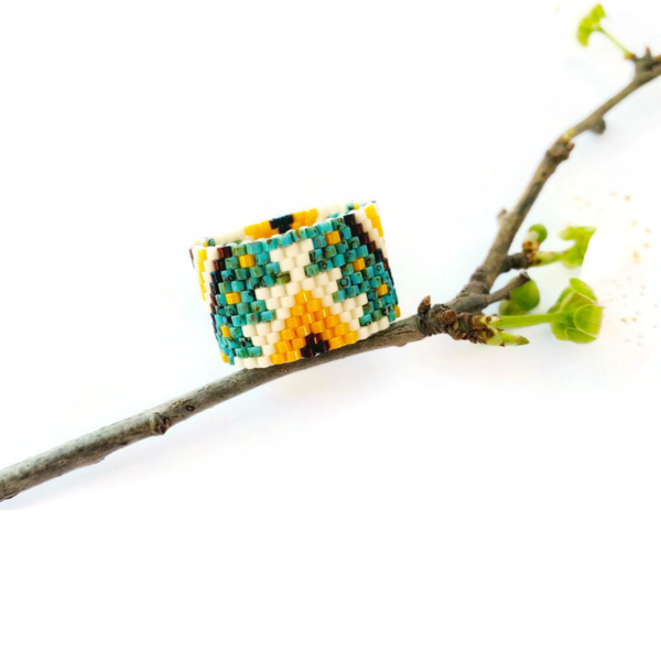 Boho Spring φαρδύ δαχτυλίδι κεντημένο με γνήσιες χάντρες Miyuki Delica - γεωμετρικά σχέδια, χάντρες, boho, σταθερά, μεγάλα