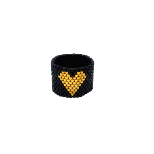 Love me φαρδύ δαχτυλίδι με σχέδιο χρυσή καρδιά, κεντημένο με γνήσιες χάντρες Miyuki Delica - καρδιά, χάντρες, σταθερά