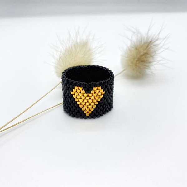 Love me φαρδύ δαχτυλίδι με σχέδιο χρυσή καρδιά, κεντημένο με γνήσιες χάντρες Miyuki Delica - καρδιά, χάντρες, σταθερά - 2