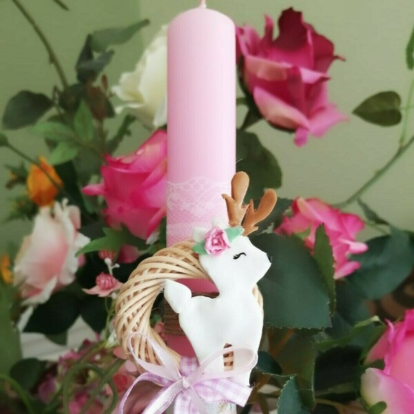 Πασχαλινό Λαμπαδάκι ροζ αρωματικό 22εκ με χειροποίητο σχεδιο ελαφίνα από πολυμερικό πηλο - κορίτσι, λαμπάδες, για παιδιά, για ενήλικες, πολυμερικό πηλό - 4