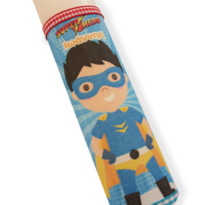 Aρωματική λαμπάδα Super Ήρωας με το όνομά του - μελαχρινός μπλε κίτρινο κοστούμι 30cm - αγόρι, λαμπάδες, για παιδιά, σούπερ ήρωες, προσωποποιημένα
