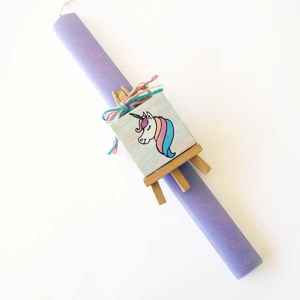 Πασχαλινή μοβ Λαμπάδα για κορίτσια με ζωγραφιστό διακοσμητικό πινακάκι "Moνόκερο" 32x3cm - ζωγραφισμένα στο χέρι, κορίτσι, λαμπάδες, μονόκερος, για παιδιά - 2
