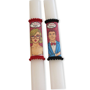 Αρωματικές λαμπάδες για ζευγάρι Pop Art "Mr Never Wrong" Σετ των 2τμχ 30cm - καμβάς, λαμπάδες, mr & mrs, ζευγάρια - 3