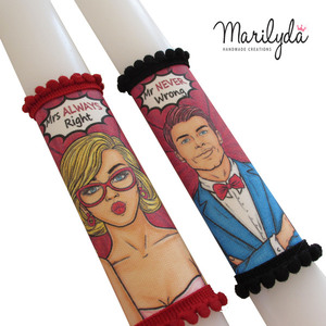 Αρωματικές λαμπάδες για ζευγάρι Pop Art "Mr Never Wrong" Σετ των 2τμχ 30cm - καμβάς, λαμπάδες, σετ, ζευγάρια - 4