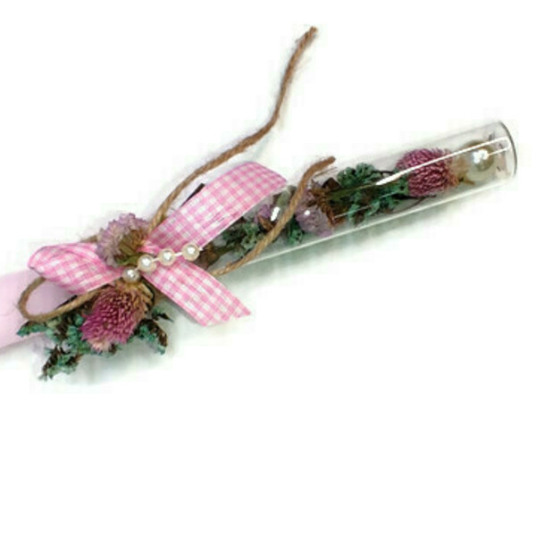 Γυάλινη λαμπάδα ροζ με αποξηραμένα άνθη - ροζ, λαμπάδες, φλοράλ, για ενήλικες - 2