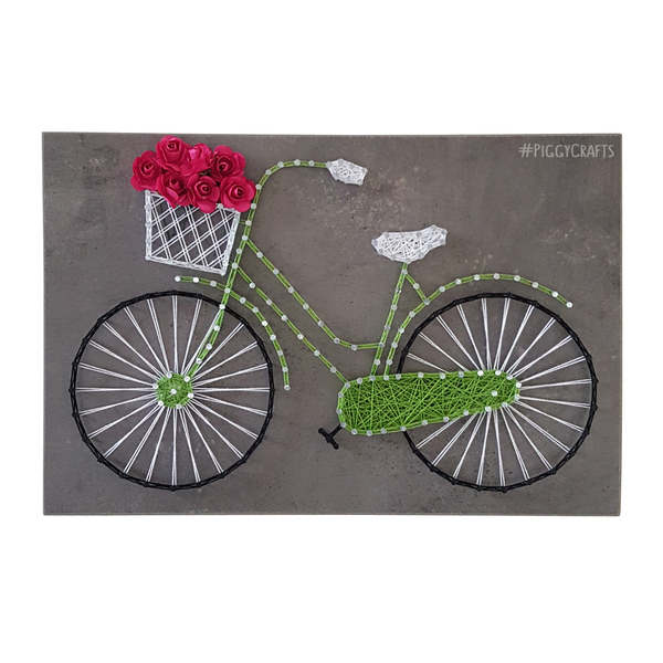 Κάδρο μελαμίνης με καρφιά & κλωστές "Ποδήλατο" (concrete) 30x20cm - ξύλο, vintage, λουλούδια, διακοσμητικά
