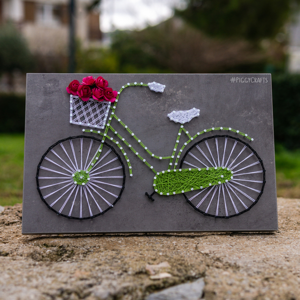 Κάδρο μελαμίνης με καρφιά & κλωστές "Ποδήλατο" (concrete) 30x20cm - ξύλο, vintage, λουλούδια, διακοσμητικά - 2