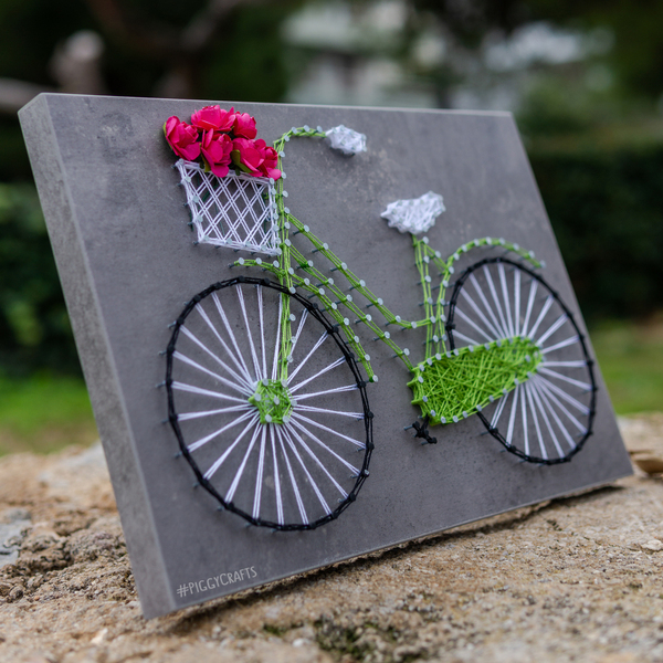 Κάδρο μελαμίνης με καρφιά & κλωστές "Ποδήλατο" (concrete) 30x20cm - ξύλο, vintage, λουλούδια, διακοσμητικά - 3