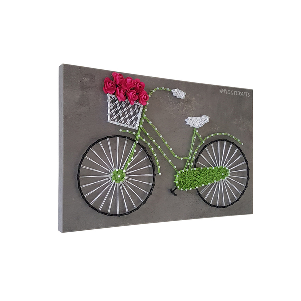 Κάδρο μελαμίνης με καρφιά & κλωστές "Ποδήλατο" (concrete) 30x20cm - ξύλο, vintage, λουλούδια, διακοσμητικά - 4