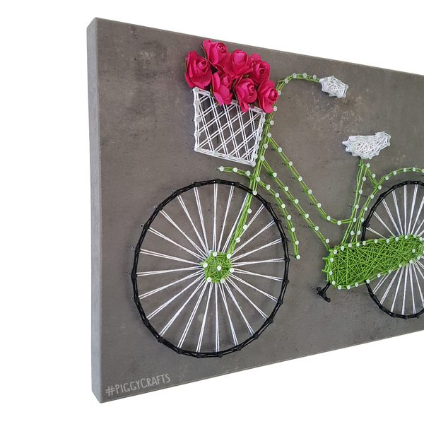 Κάδρο μελαμίνης με καρφιά & κλωστές "Ποδήλατο" (concrete) 30x20cm - ξύλο, vintage, λουλούδια, διακοσμητικά - 5