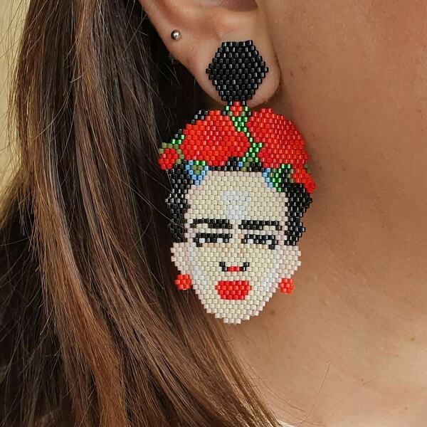 Χειροποίητα σκουλαρίκια με γυναίκα σύμβολο - statement, miyuki delica, μεγάλα, frida kahlo - 2