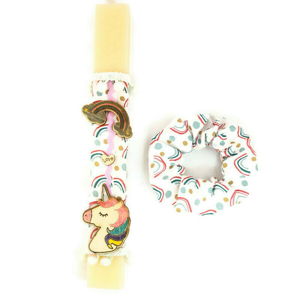 Λαμπάδα μονόκερος-ουράνιο τόξο με scrunchie (scrunchy) - λαμπάδες, μονόκερος, για παιδιά, λαστιχάκια μαλλιών