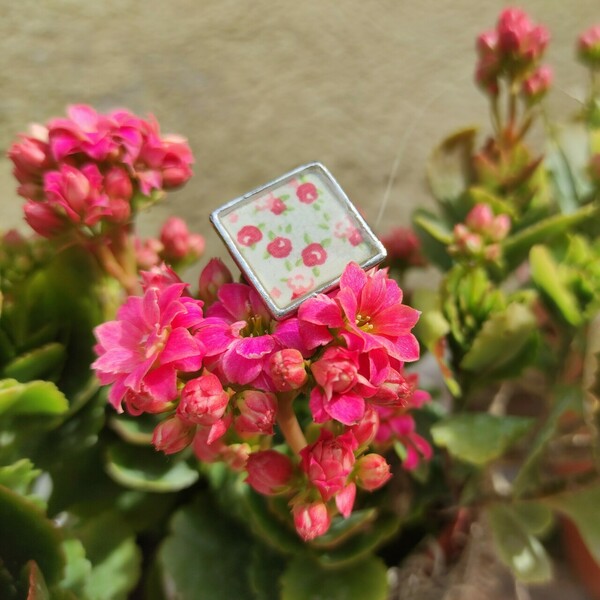 Γυναικείο δαχτυλίδι με print λουλουδιών και υγρό γυαλί - λουλούδι, boho, μεγάλα, αυξομειούμενα, φθηνά - 4
