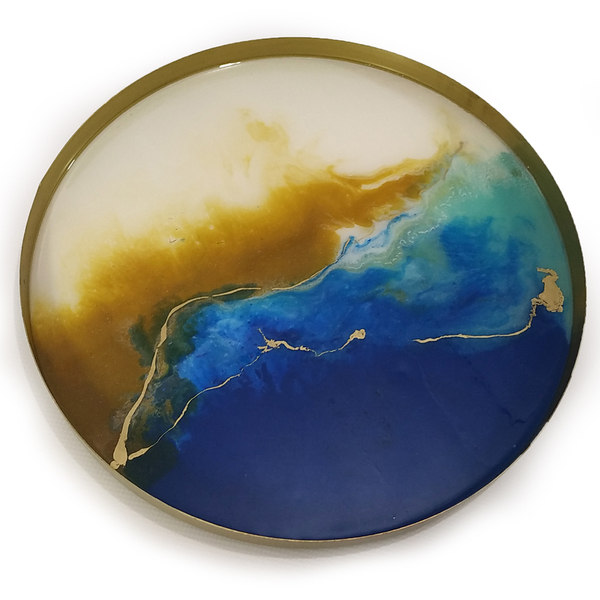 Μεταλλικός δίσκος με υγρό γυαλί “blue & gold” - γυαλί, μέταλλο, πιατάκια & δίσκοι