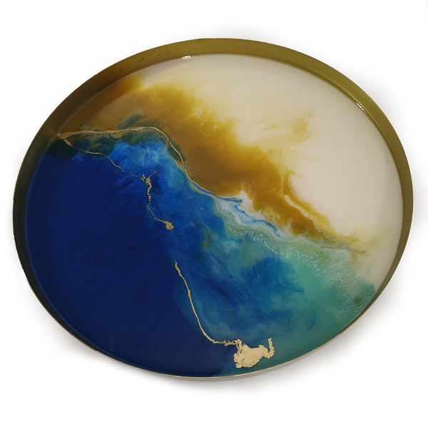 Μεταλλικός δίσκος με υγρό γυαλί “blue & gold” - γυαλί, μέταλλο, πιατάκια & δίσκοι - 2