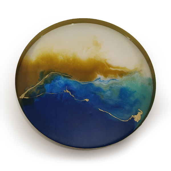 Μεταλλικός δίσκος με υγρό γυαλί “blue & gold” - γυαλί, μέταλλο, πιατάκια & δίσκοι - 3