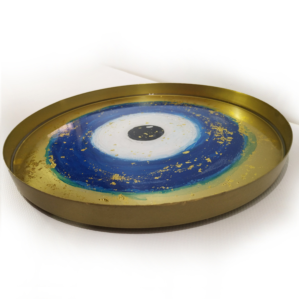 Μεταλλικός δίσκος με υγρό γυαλί “greek eye blue” - γυαλί, μέταλλο, πιατάκια & δίσκοι