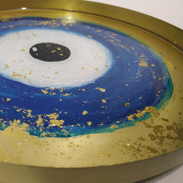 Μεταλλικός δίσκος με υγρό γυαλί “greek eye blue” - γυαλί, μέταλλο, πιατάκια & δίσκοι - 2