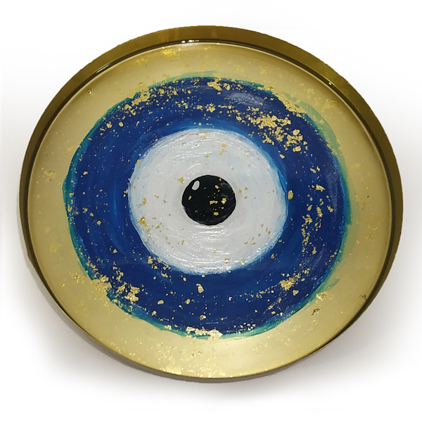 Μεταλλικός δίσκος με υγρό γυαλί “greek eye blue” - γυαλί, μέταλλο, πιατάκια & δίσκοι - 3