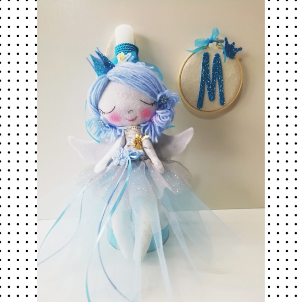 Μοναδικό πασχαλινό χειροποίητο σετ για κορίτσι, γαλάζια νεράιδα με καδρακι με μονόγραμμα glitter - κορίτσι, λαμπάδες, μπαλαρίνες, πριγκίπισσες - 3