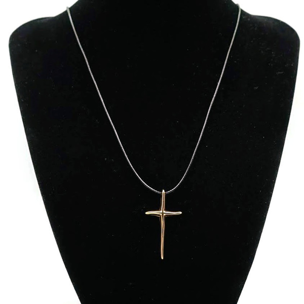 Κολιέ Σταυρός Ατσάλι Επίχρυσο 3,5cm, Χρώμα Ροζ χρυσό, Κορδόνι Snake Συνθετικό Δέρμα, Χρώμα Μαύρο Γυαλιστερό 70cm Nikolas Jewelry - charms, επιχρυσωμένα, ορείχαλκος, σταυρός - 3