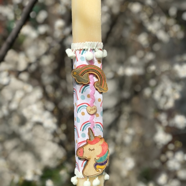 Λαμπάδα μονόκερος-ουράνιο τόξο με scrunchie (scrunchy) - λαμπάδες, μονόκερος, για παιδιά, λαστιχάκια μαλλιών - 4