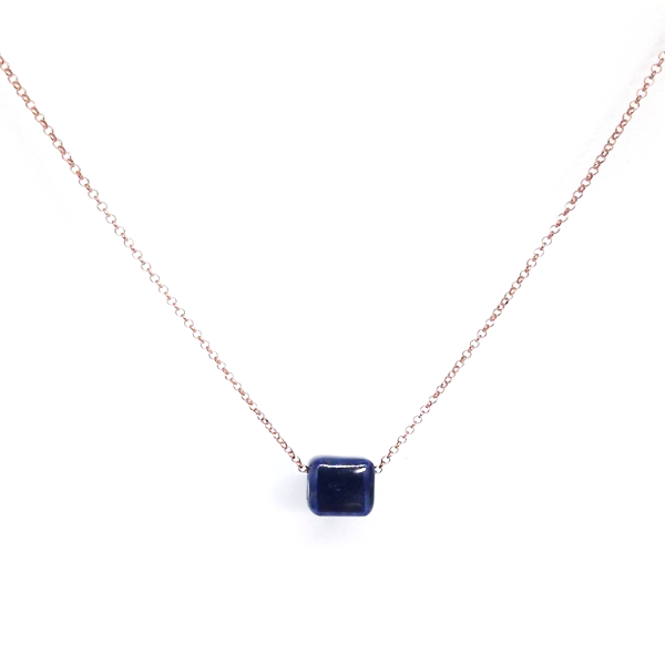 Κολιέ κοντό με αλυσίδα ασημένια 925 επίχρυση σε συνδυασμό με μπλέ τετράγωνη κεραμική χάντρα - charms, επιχρυσωμένα, ασήμι 925, κοντά, boho, μπλε χάντρα - 2