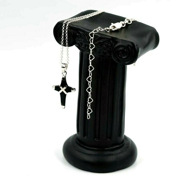 Κολιέ Σταυρός, Ασημένιος Μαύρο Σχέδιο, Γυναικείο, Αλυσίδα Ασημένια Βενετσιάνα Τετράγωνη, Μέγεθος 45cm Nikolas Jewelry - charms, ασήμι 925, σταυρός, κοντά - 2