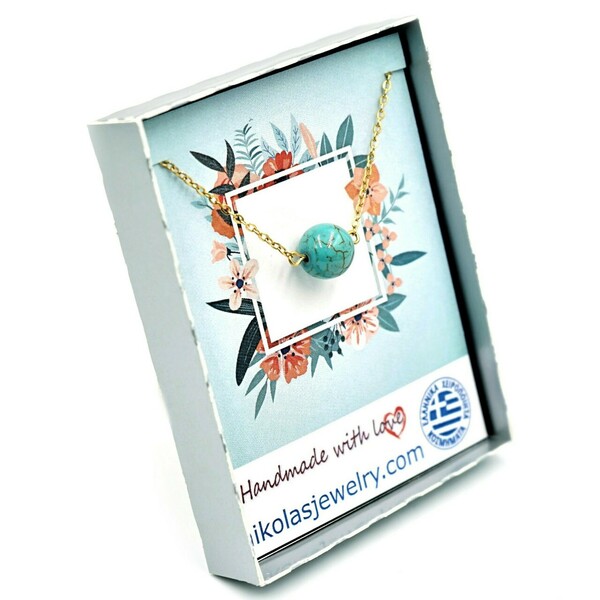 Κολιέ Χαουλίτη Ημιπολύτιμος Λίθος Τουρκουάζ Χρώμα με Επίχρυση Ατσάλινη Αλυσίδα Nikolas Jewelry - ημιπολύτιμες πέτρες, χάντρες, κοντά, ατσάλι, μπλε χάντρα - 3