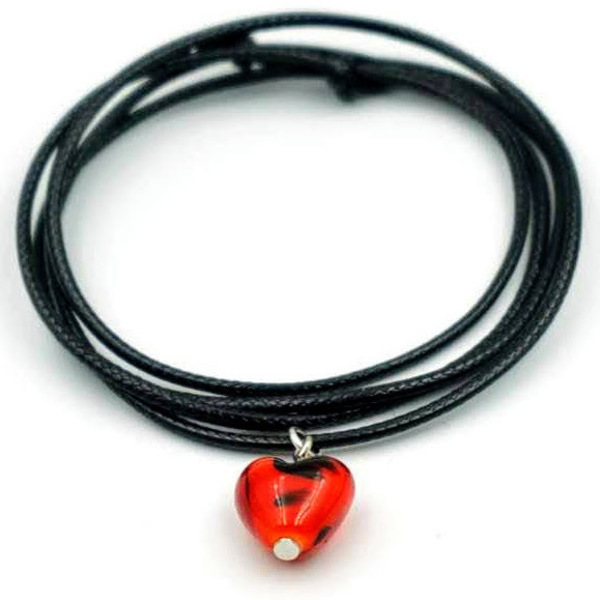 Καρδιά κόκκινη γυάλινη μιλεφιόρι Κολιέ με Κορδόνι Snake Μαύρο Γυαλιστερό Χειροποίητο Κόσμημα Συλλογή Survivor Nikolas Jewelry - γυαλί, καρδιά, μακριά