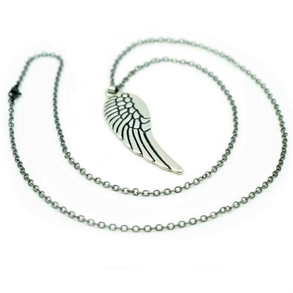 Φτερό Αγγέλου Κολιέ Μεγάλο Μενταγιόν με Μαύρη Μακριά Ατσάλινη Αλυσίδα 70cm Συλλογή Vintage Nikolas Jewelry - ορείχαλκος, φτερό, μακριά, ατσάλι - 2