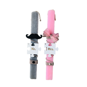Χειροποίητες Λαμπάδες για Ζευγάρια Σετ 2τμχ MR & MRS με Παζλ Μπρελόκ απο Plexiglass σε Ροζ και Γκρι Χρώμα 30cm - λαμπάδες, mr & mrs, ζευγάρια