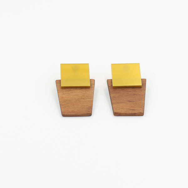 Ξύλινα μικρά σκουλαρίκια με χρυσό plexiglass - ξύλο, καρφωτά, μικρά, plexi glass