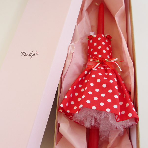 Λαμπάδα με φόρεμα κόκκινο πουά "Νταϊάνα" 40cm - λαμπάδες, μπαλαρίνες, για παιδιά, πριγκίπισσες - 5